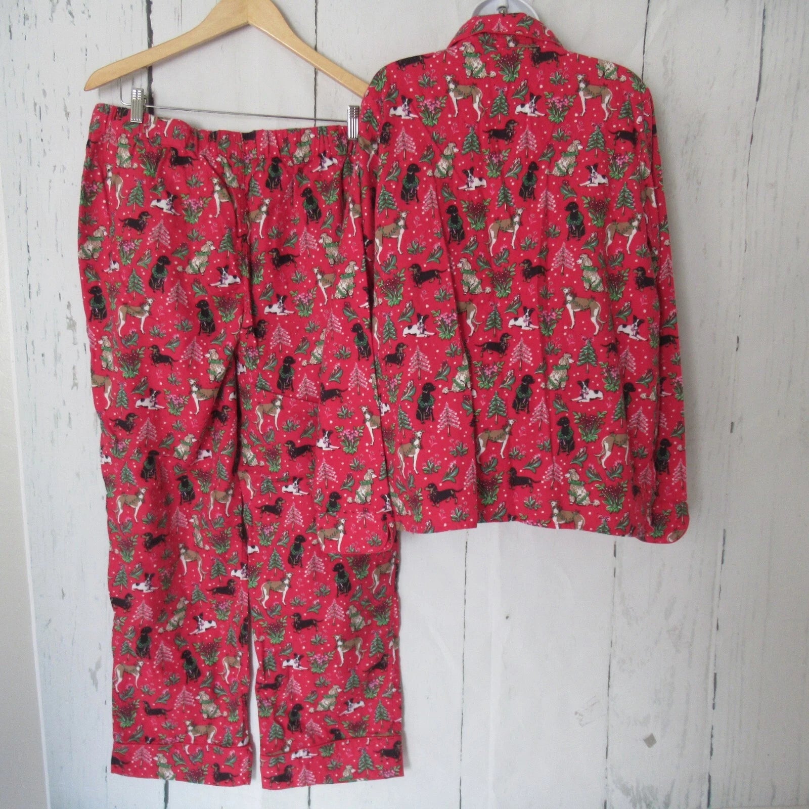 Lands End Pajamas Set L  Red Flannel Dog Dachshund Poodle Pants Top Long Sleeve