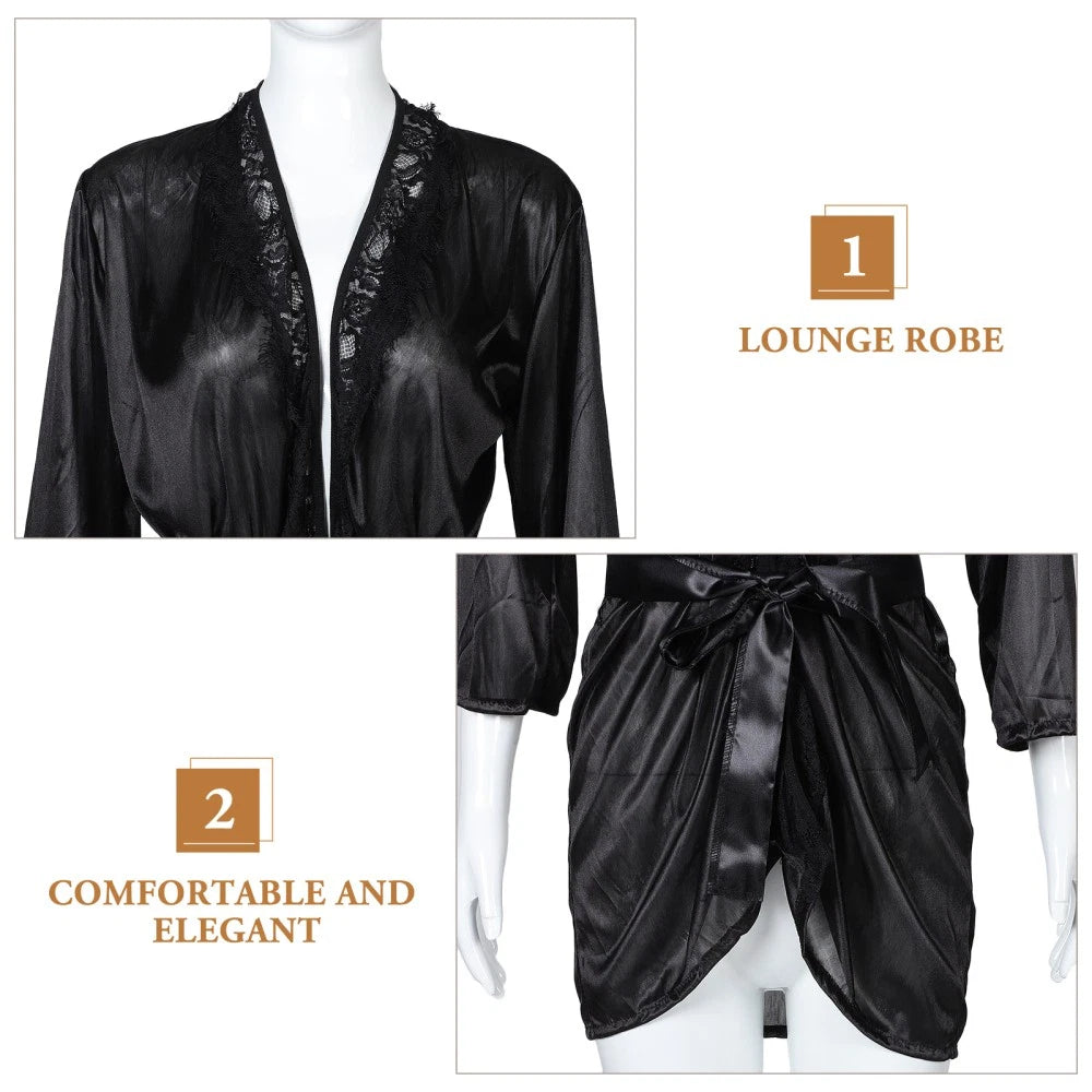 Women's Kimono Robe Lace Trim Pajama Set V-Neck Sleepwear Lace Lingeries Set