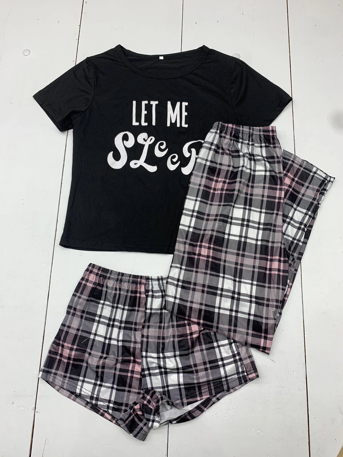 Let Me Sleep Black Plaid 3 Piece Pajama Outfit Womens Size Small