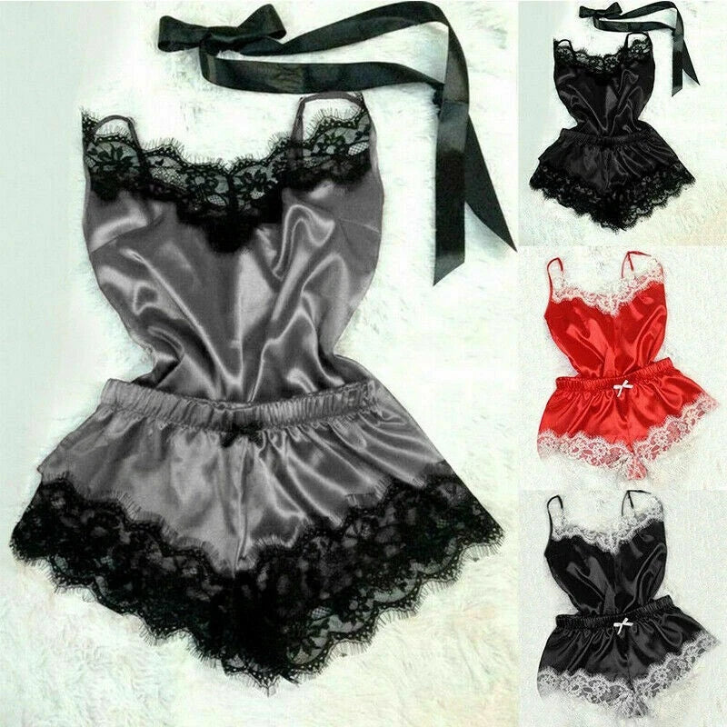 2pcs/Set Women Sexy Satin Lace Sleepwear Ladies Lingerie Nightdress Pajamas