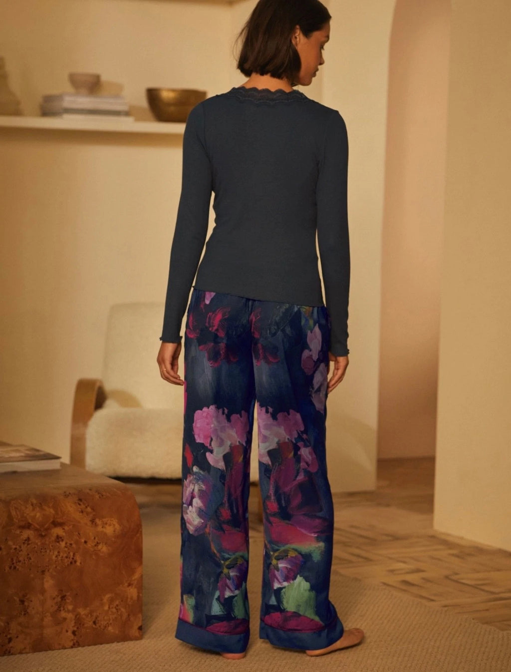 B By TED BAKER Charcoal Floral Print Jersey Rib Satin Pyjamas ~ Sz 12 ~ RRP £56