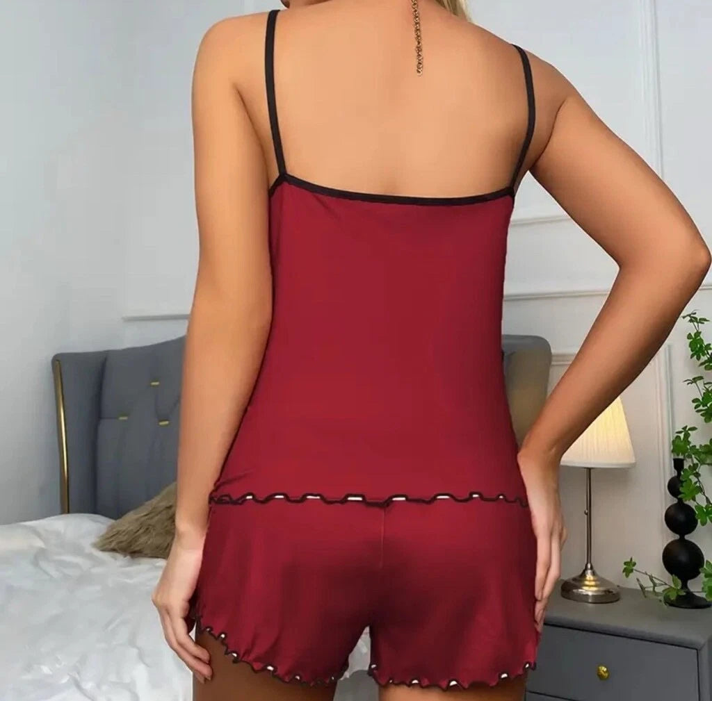 Women's Pajama Set, Size Large Dark Red, Bearable Print, New