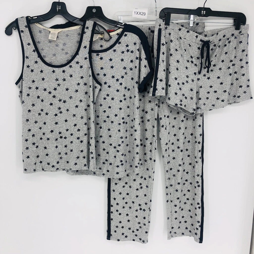 Lucky Brand 4 Piece Women Gray Star Polyester Nightwear Pajama Set Medium Soft