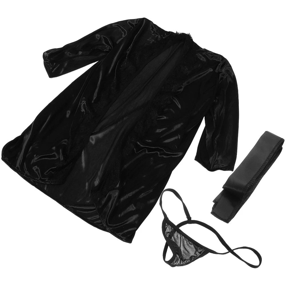 Women's Kimono Robe Lace Trim Pajama Set V-Neck Sleepwear Lace Lingeries Set