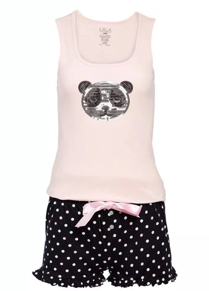 Lala Sleepwear Sequin Panda Pjs Tank Top & Shorts Pink Size:M NEW