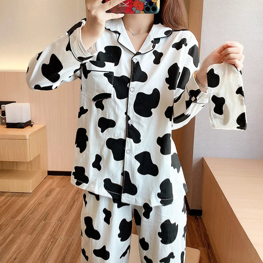 1 Set Women Long Sleeve Sleepwear Long Pants Home Cow Pattern Pajamas (XL)
