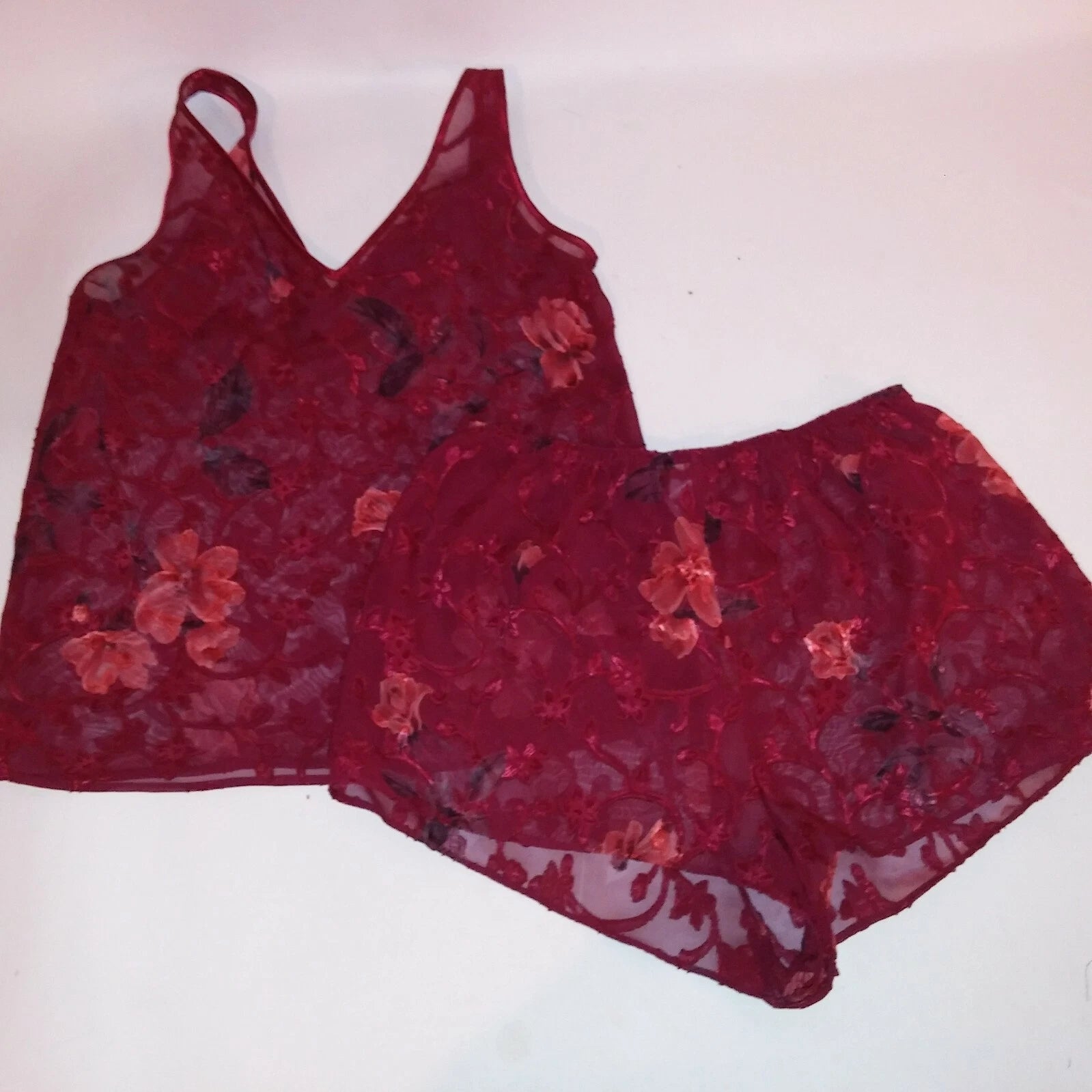 Warners Pajama Set Shorts & Tank Top Medium Burgundy Red Sheer Floral Sleeveless