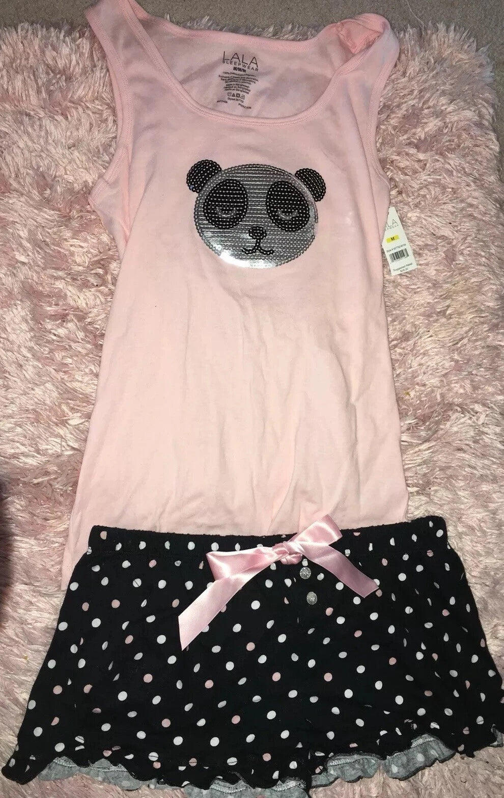 Lala Sleepwear Sequin Panda Pjs Tank Top & Shorts Pink Size:M NEW