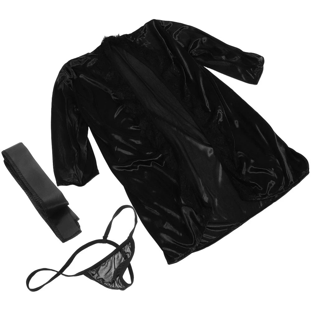 Women's Kimono Robe Lace Trim Pajama Set V-Neck Sleepwear Lace Lingeries Set