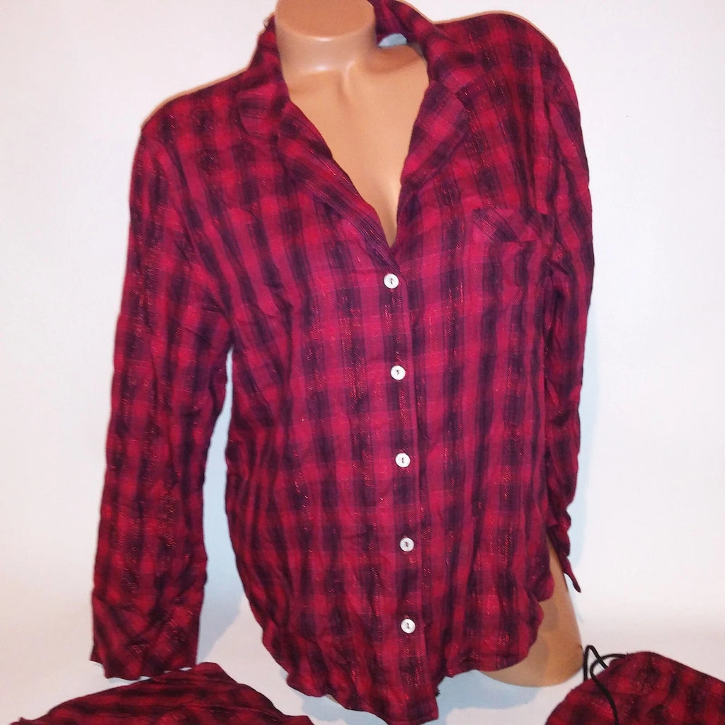 Victoria Secret Pajama Set Large Top & Bottom Red Black Plaid Button Up New