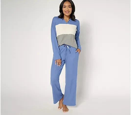 MUK LUKS Regular Brushed Rib Color Block Lounge Set Blue,M A678300