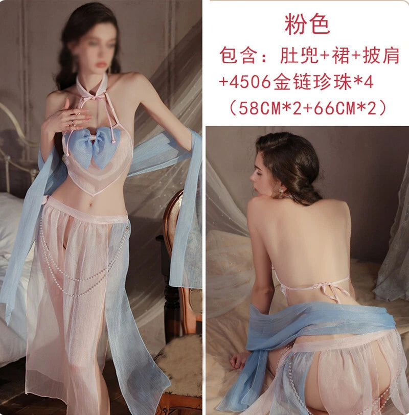 Sexy Women Lingerie Chiffon Chinese Style Uniform Costume Sleepwear Skirts Sets