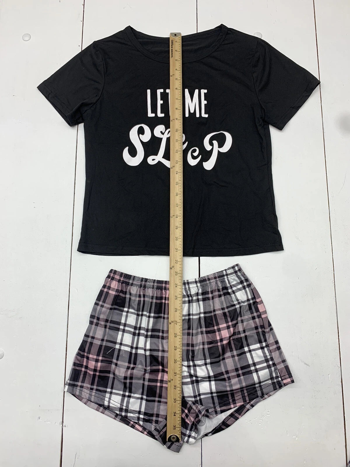 Let Me Sleep Black Plaid 3 Piece Pajama Outfit Womens Size Small