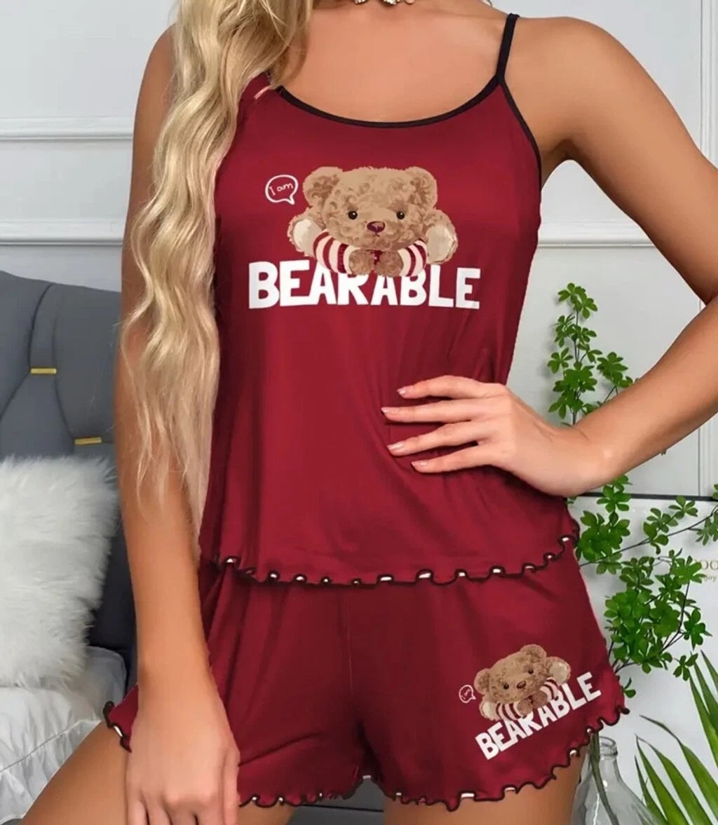 Women's Pajama Set, Size Large Dark Red, Bearable Print, New