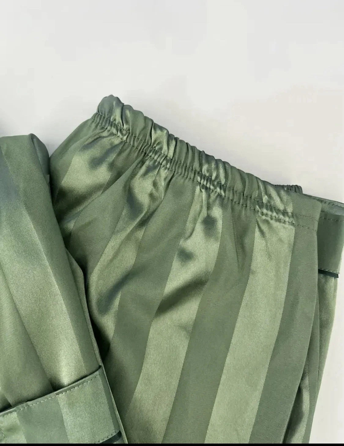 Womens Satin Feel Pajama Set Large Green Striped Contrast Binding Elastic Waist