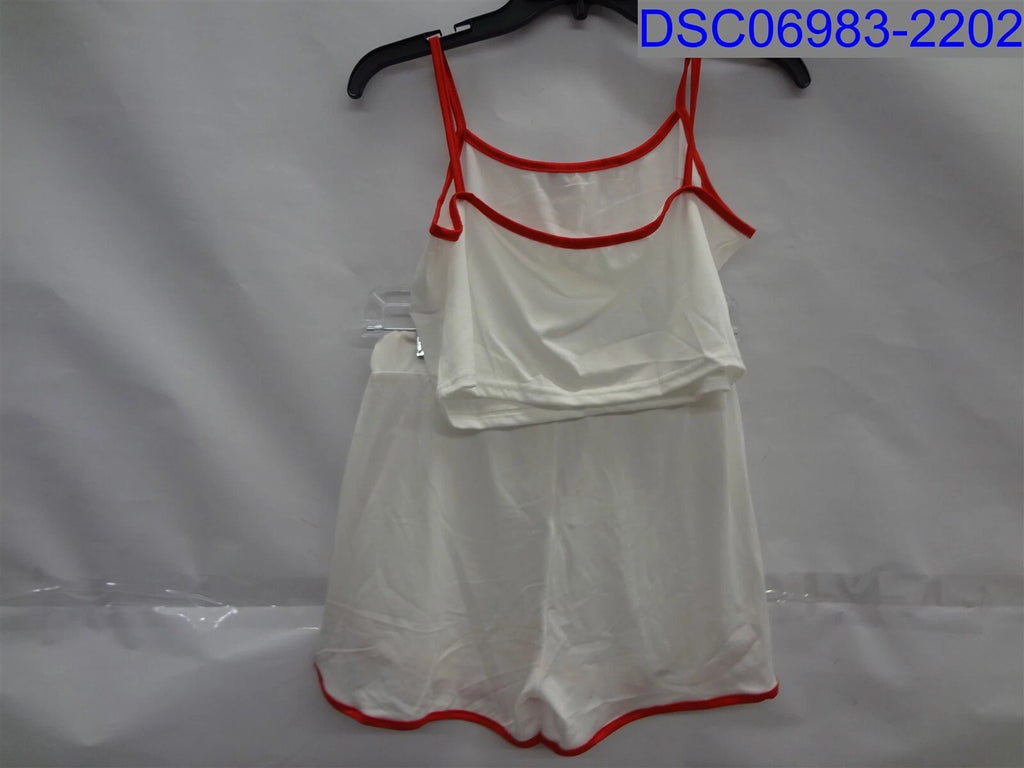 Womens XL White and Red Trim Tank Crop Top and Shorts Pajama Set