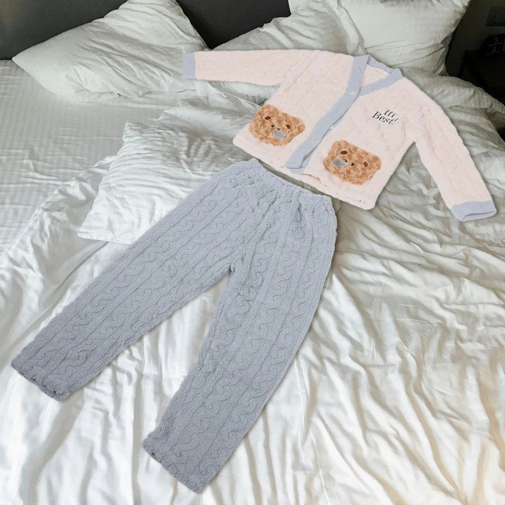 Fleece Pajamas Set Loungewear Sleepwear Girl Cozy for Women Soft