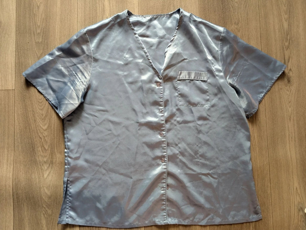 Valerie Stevens Womens Light Blue Satin Pajama Set Button-Up Top & Shorts