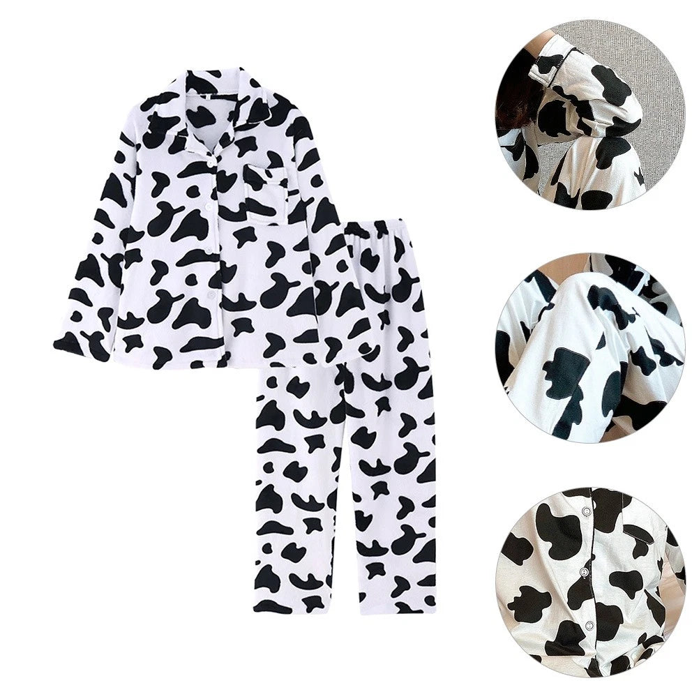 1 Set Women Long Sleeve Sleepwear Long Pants Home Cow Pattern Pajamas (L)