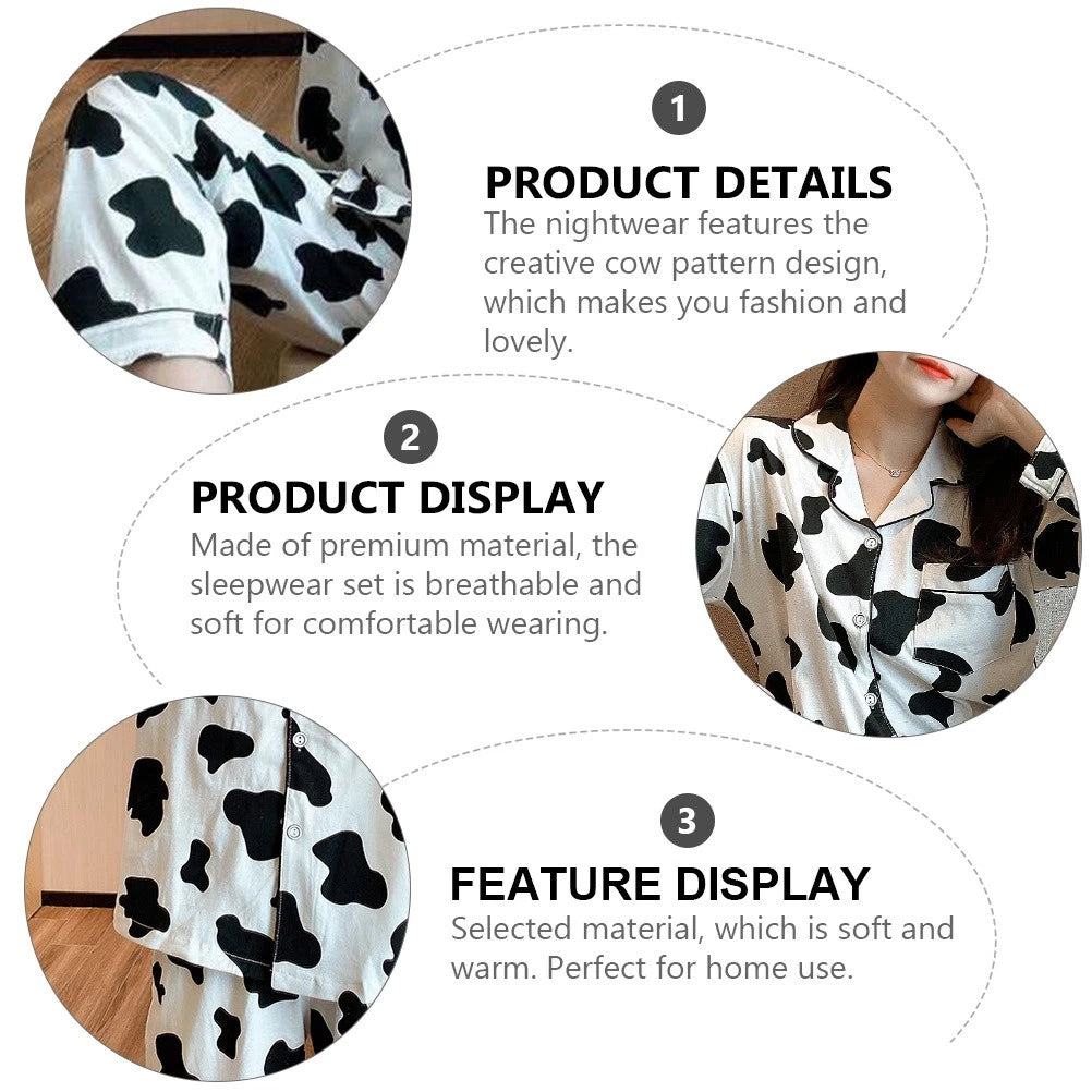 1 Set Women Long Sleeve Sleepwear Long Pants Home Cow Pattern Pajamas (XL)