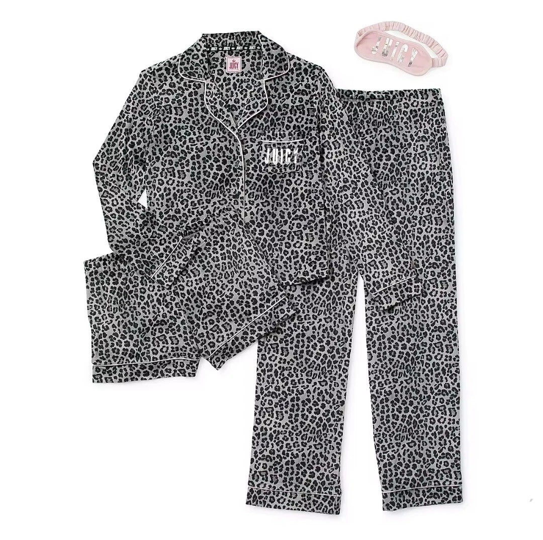 Juicy Couture 4 PC Grey Leopard Cheetah Soft Pajamas Sleepwear Set L