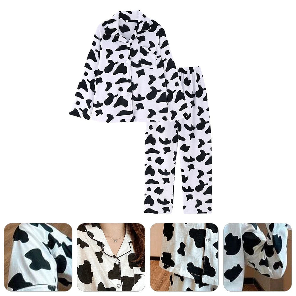 1 Set Women Long Sleeve Sleepwear Long Pants Home Cow Pattern Pajamas (XL)