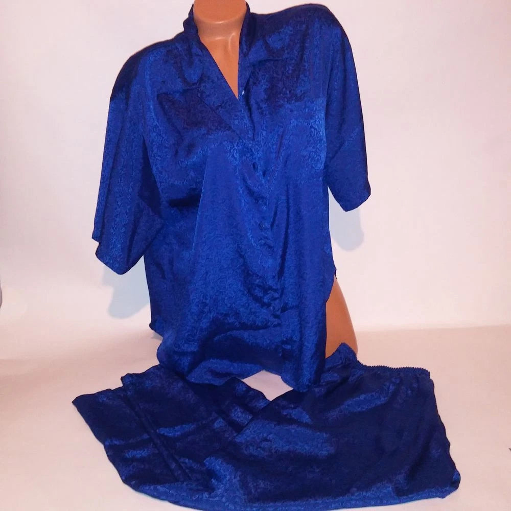 Sarah Spencer Pajama Set Sleepwear Top & Bottom Medium Blue Button Up Pants