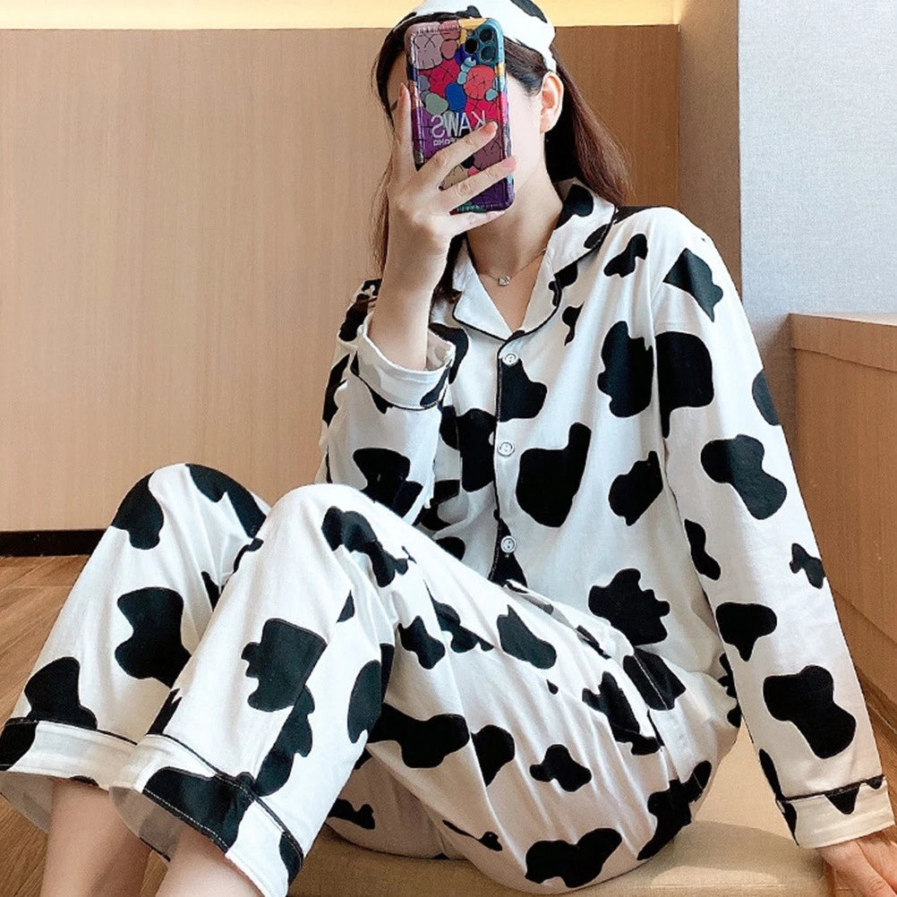 1 Set Women Long Sleeve Sleepwear Long Pants Home Cow Pattern Pajamas (L)
