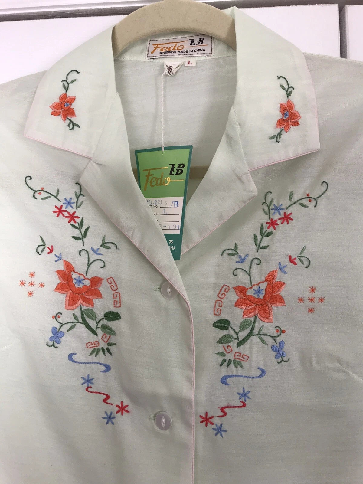 NWT FEDO ASIAN EMBROIDERED S/S PAJAMA SET/LOUNGE WEAR GREEN SIZE L