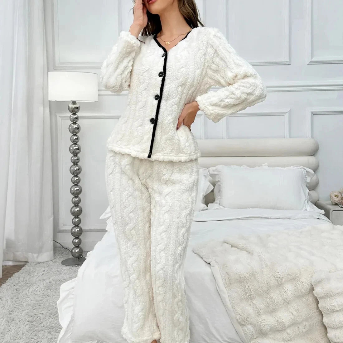 Women Flannel Solid Color Pajamas Set sz S