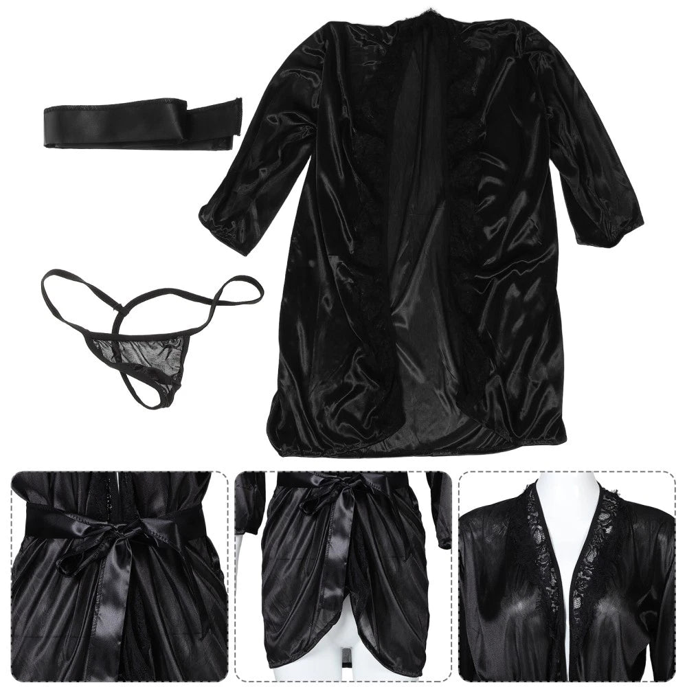 Women's Kimono Robe Lace Trim Pajama Set V-Neck Sleepwear Lace Lingeries Set