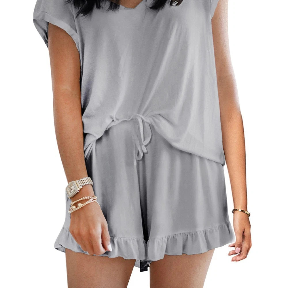 Summer Women Shorts and Pajama Set Short Sleeve T-shirt Pajamas V Neck