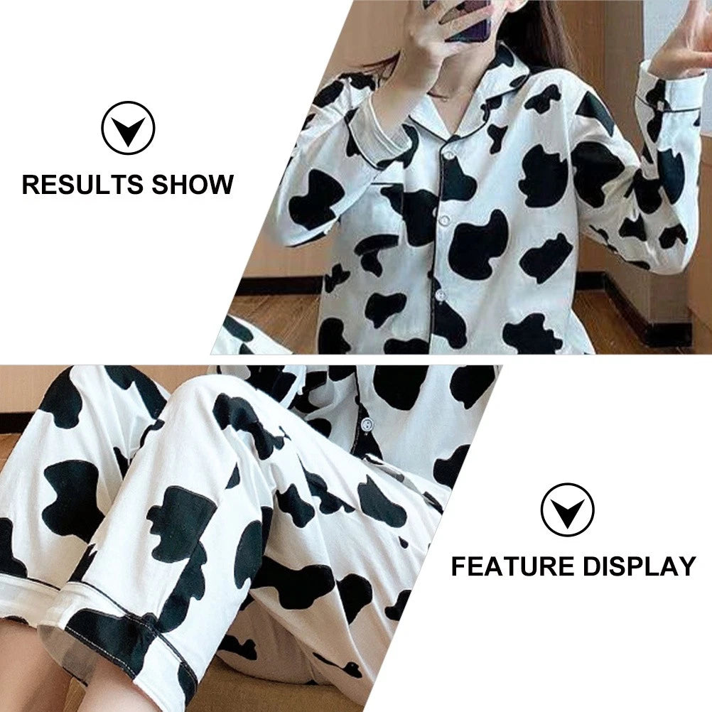 1 Set Women Long Sleeve Sleepwear Long Pants Home Cow Pattern Pajamas (XL)