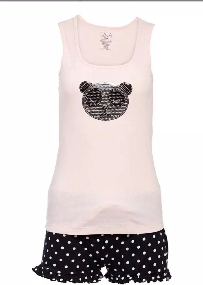 Lala Sleepwear Sequin Panda Pjs Tank Top & Shorts Pink Size:M NEW