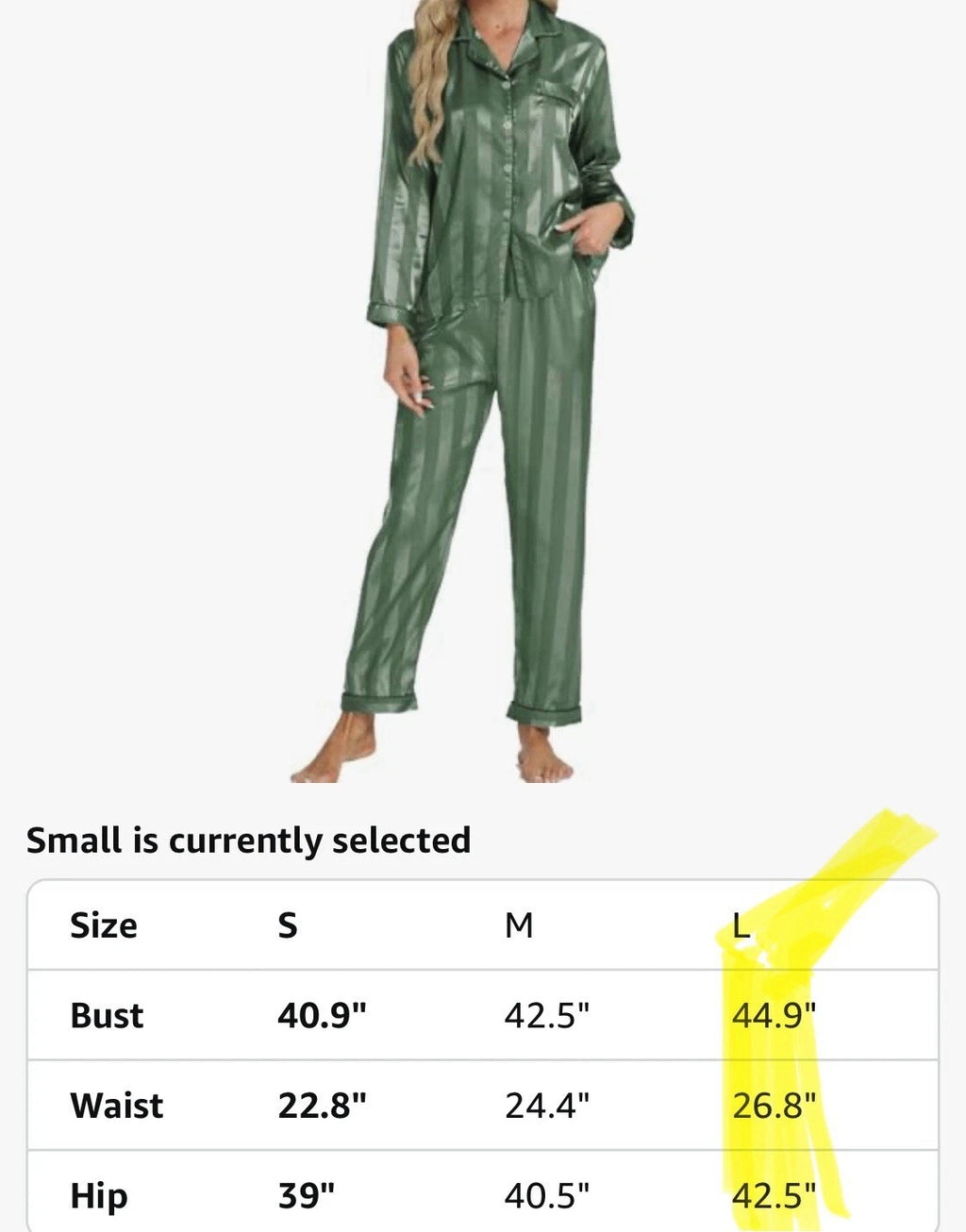 Womens Satin Feel Pajama Set Large Green Striped Contrast Binding Elastic Waist