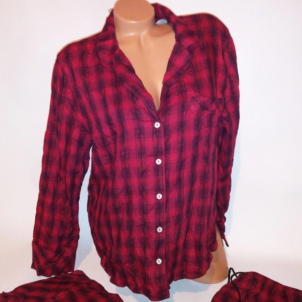 Victoria Secret Pajama Set Large Top & Bottom Red Black Plaid Button Up New