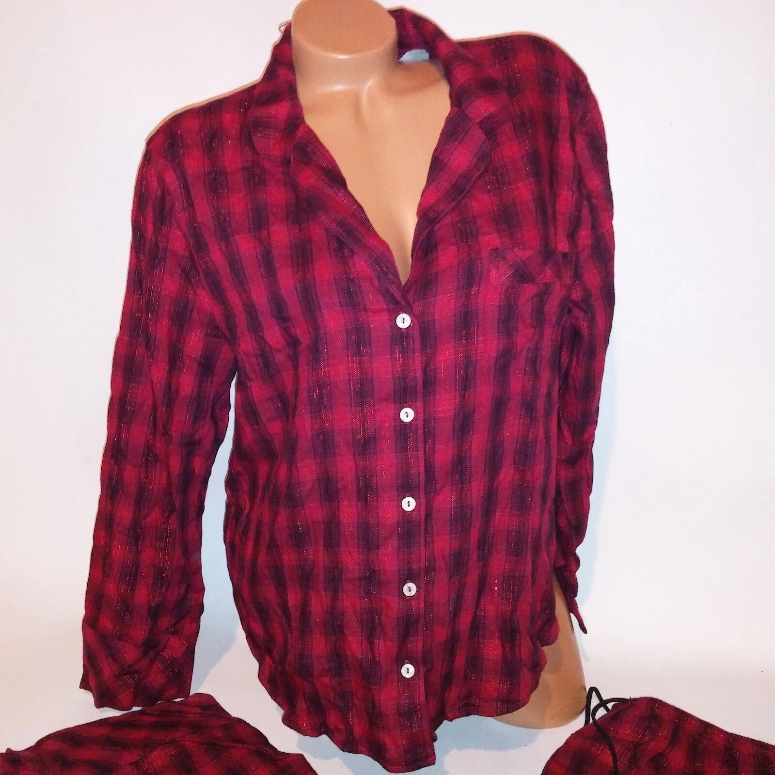 Victoria Secret Pajama Set Large Top & Bottom Red Black Plaid Button Up New