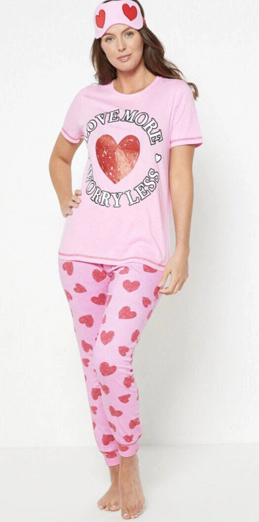 New Womens Love More Pyjama & Eye Mask Set Pink Size UK 20/22