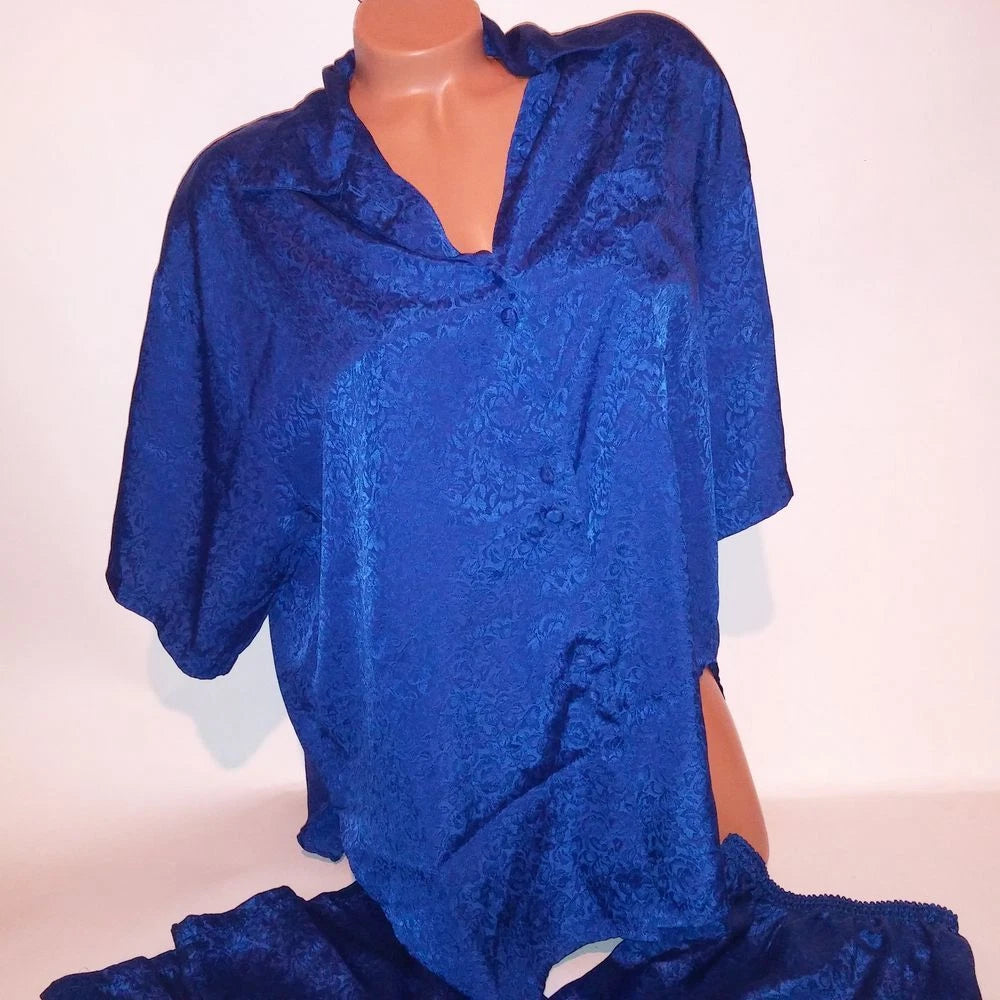Sarah Spencer Pajama Set Sleepwear Top & Bottom Medium Blue Button Up Pants