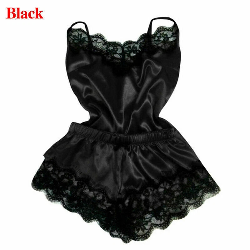 2pcs/Set Women Sexy Satin Lace Sleepwear Ladies Lingerie Nightdress Pajamas
