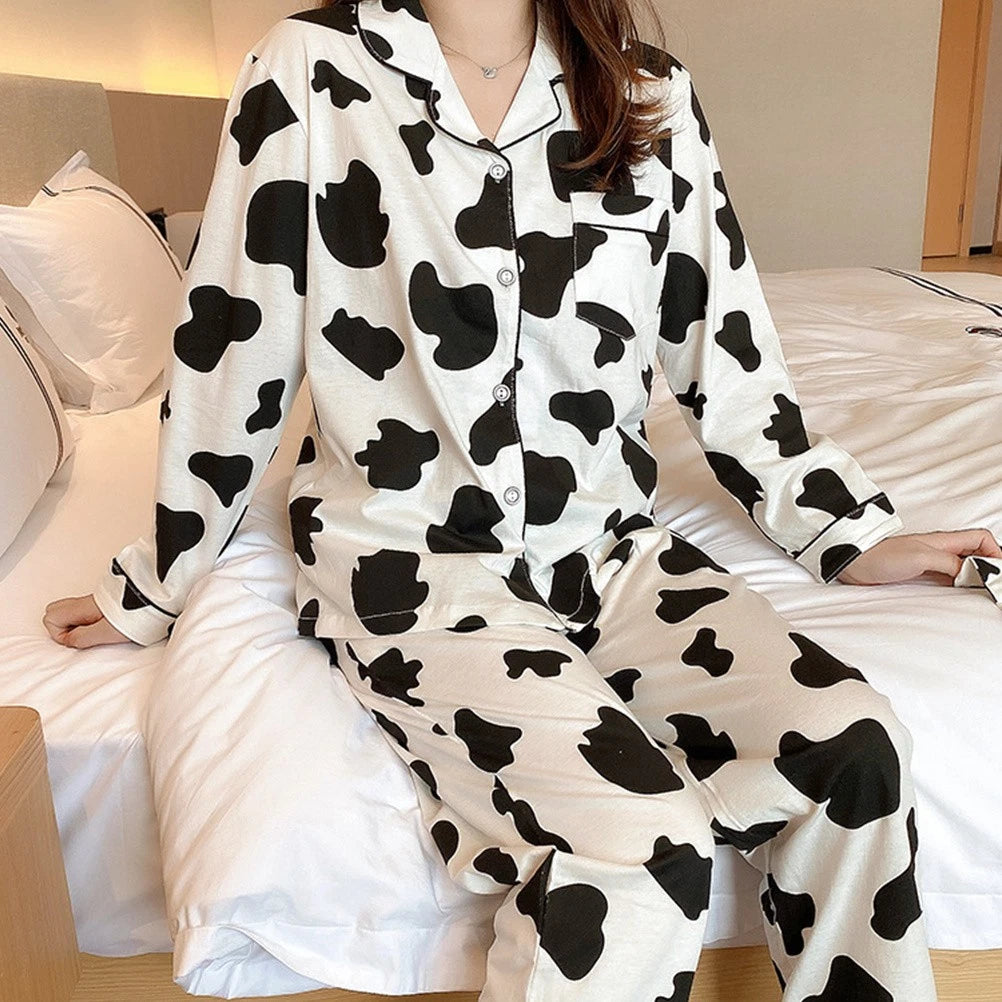 1 Set Women Long Sleeve Sleepwear Long Pants Home Cow Pattern Pajamas (L)