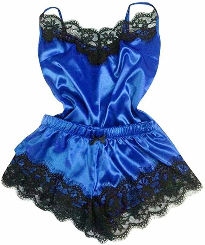 2pcs/Set Women Sexy Satin Lace Sleepwear Ladies Lingerie Nightdress Pajamas