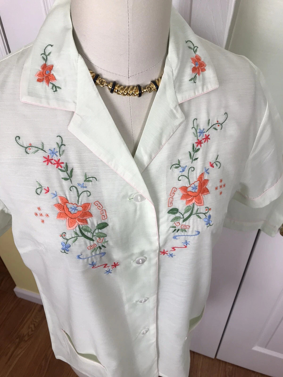 NWT FEDO ASIAN EMBROIDERED S/S PAJAMA SET/LOUNGE WEAR GREEN SIZE L