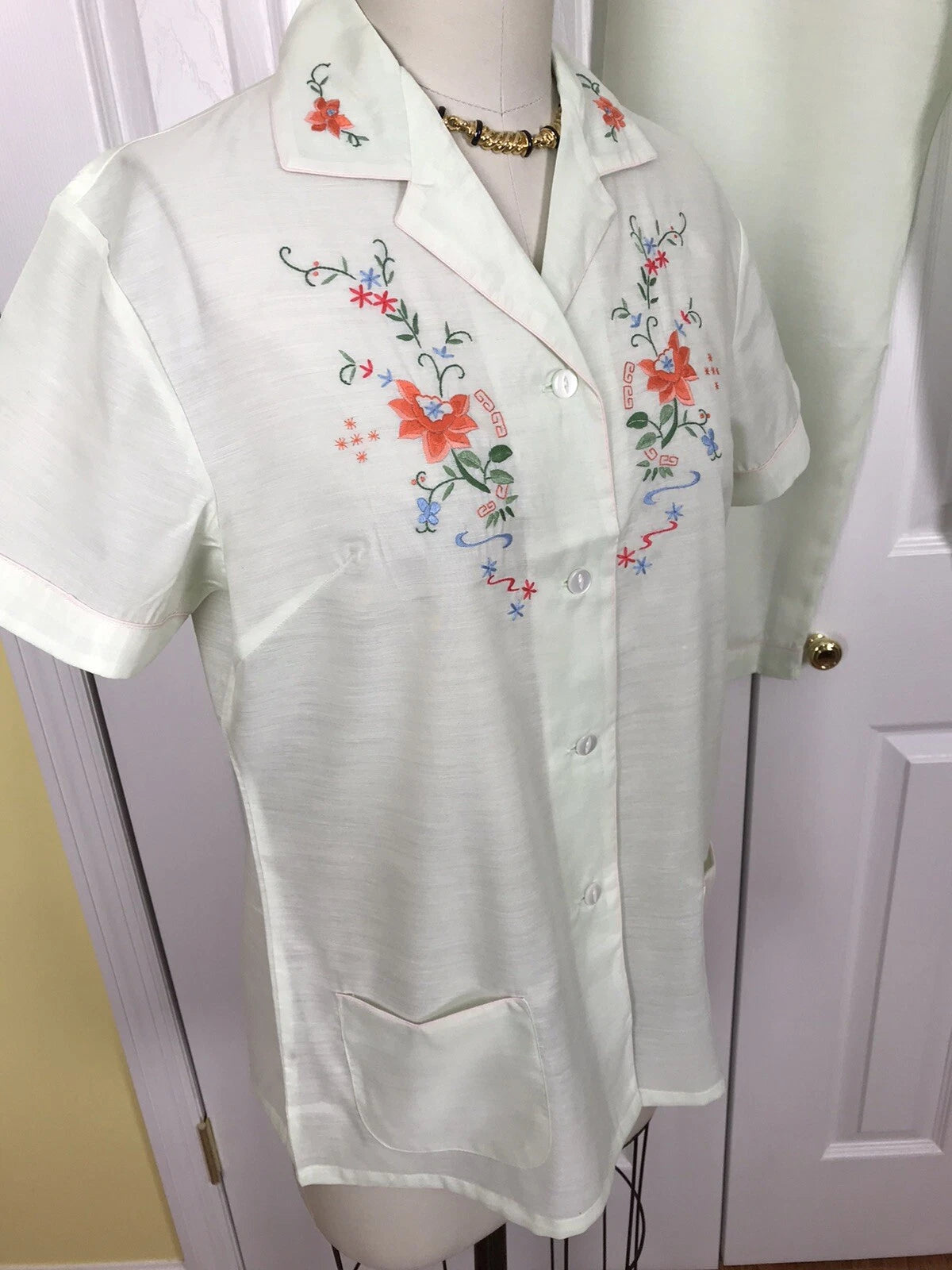NWT FEDO ASIAN EMBROIDERED S/S PAJAMA SET/LOUNGE WEAR GREEN SIZE L