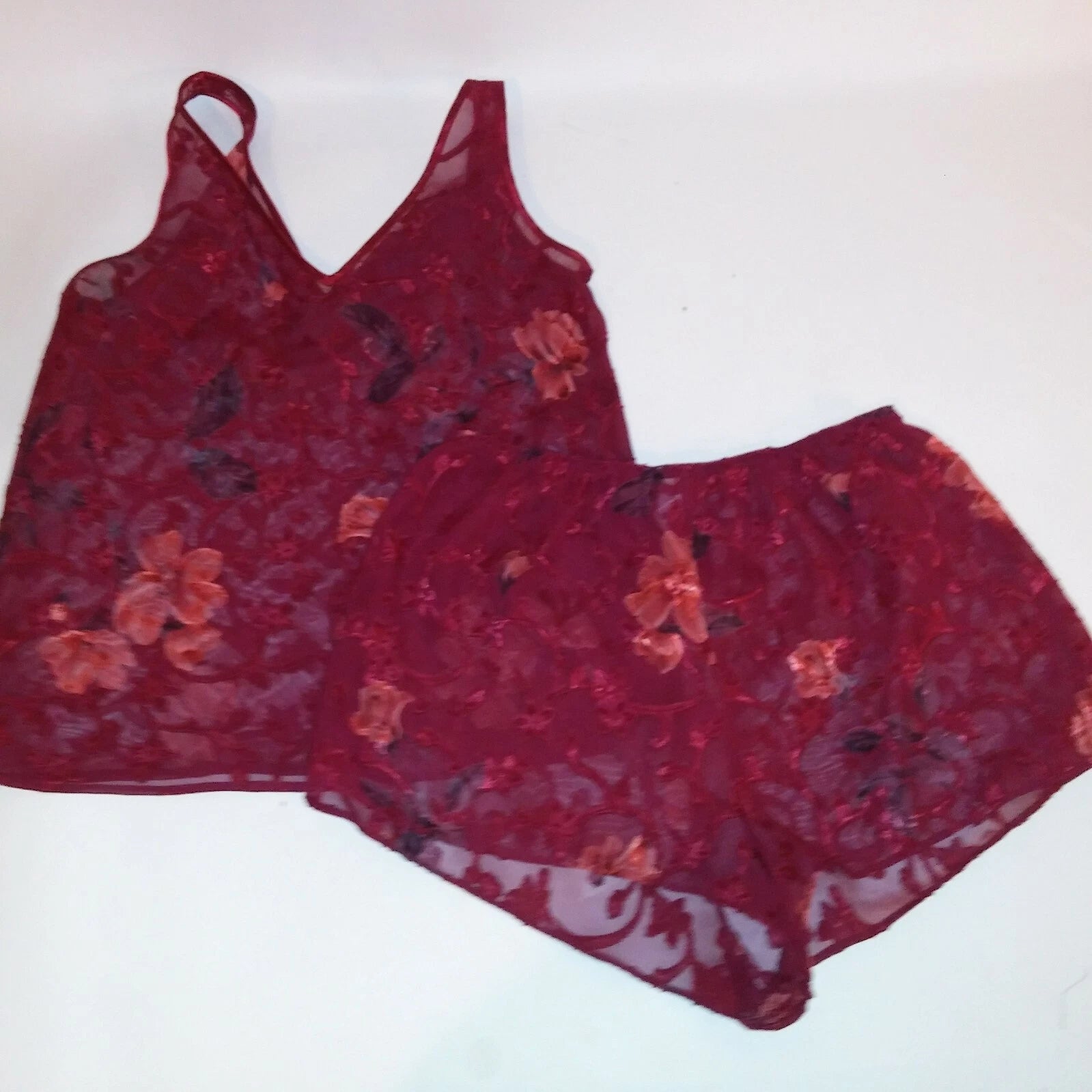 Warners Pajama Set Shorts & Tank Top Medium Burgundy Red Sheer Floral Sleeveless
