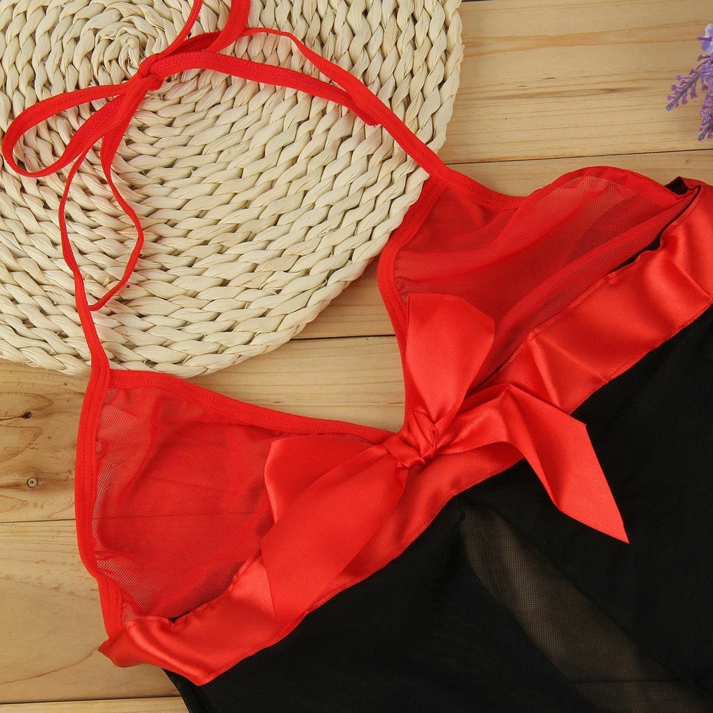 Sexy Lingerie Women Bow Open Front Babydoll Halter Nightgown Sleedress G-string