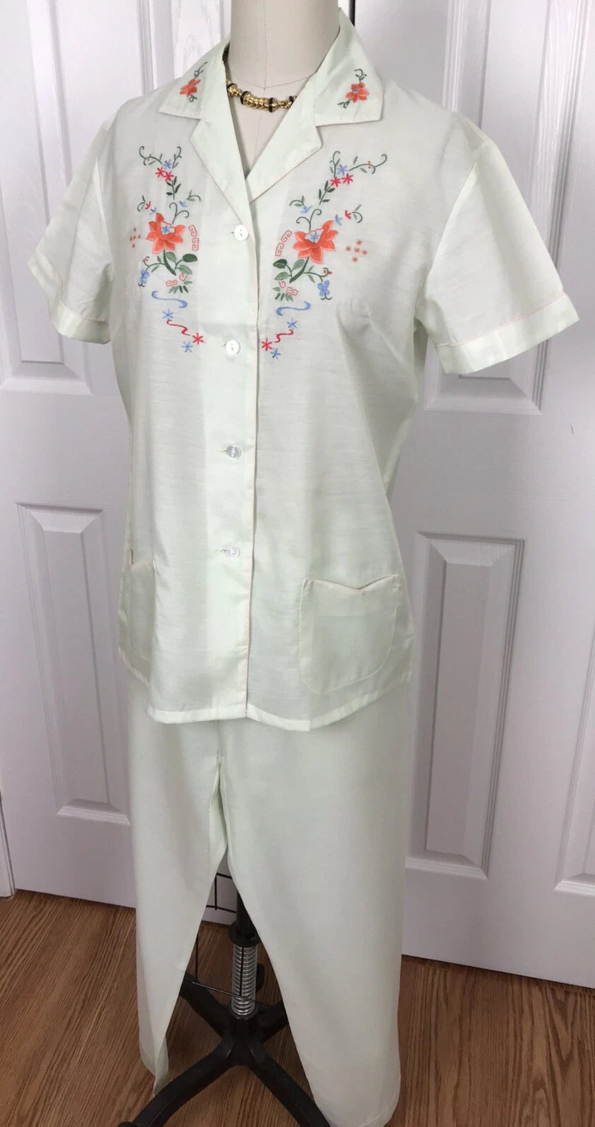 NWT FEDO ASIAN EMBROIDERED S/S PAJAMA SET/LOUNGE WEAR GREEN SIZE L
