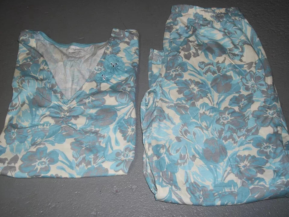 JACLYN SMITH BLUE PINK FLORAL PJ TOP & CAPRI PANTS PAJAMA SET WOMEN SZ SMALL 4 6