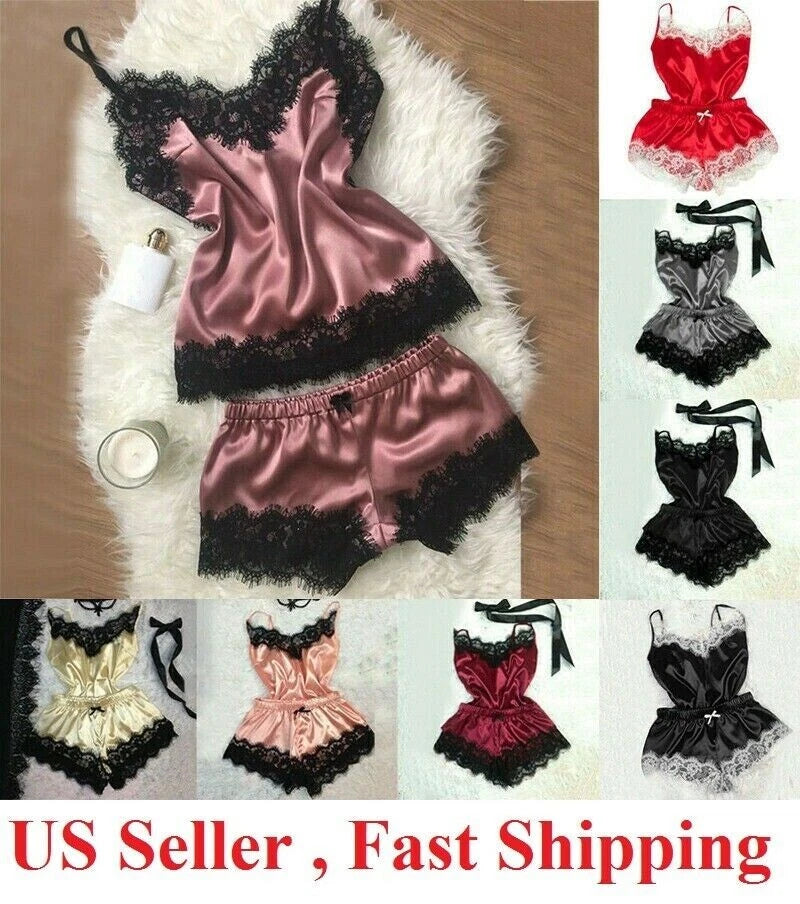 2pcs/Set Women Sexy Satin Lace Sleepwear Ladies Lingerie Nightdress Pajamas