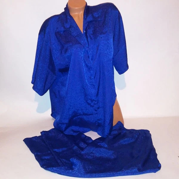 Sarah Spencer Pajama Set Sleepwear Top & Bottom Medium Blue Button Up Pants